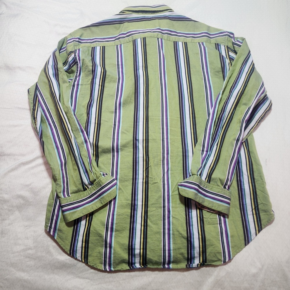 Robert Graham Mens Large Green Striped Button Up Shirt with Turn Cuffs - Picture 15 of 16